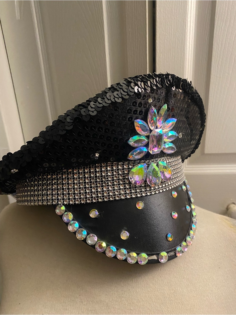 Black Sequin & Crystal Embellished Military-Style Cap